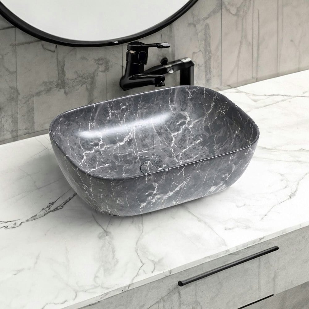 Limoge 7840 Ceramic Oblong Countertop Basin in Black Marble Effect