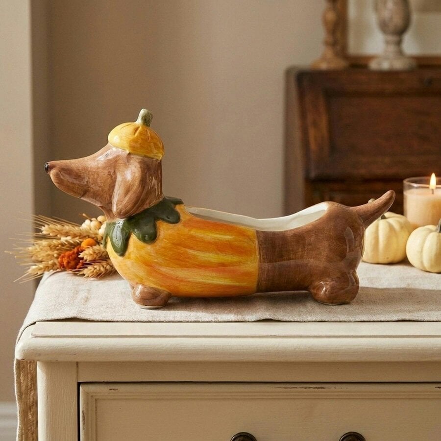 Garden Greatness Autumnal Sausage Dog Decorative Pot
