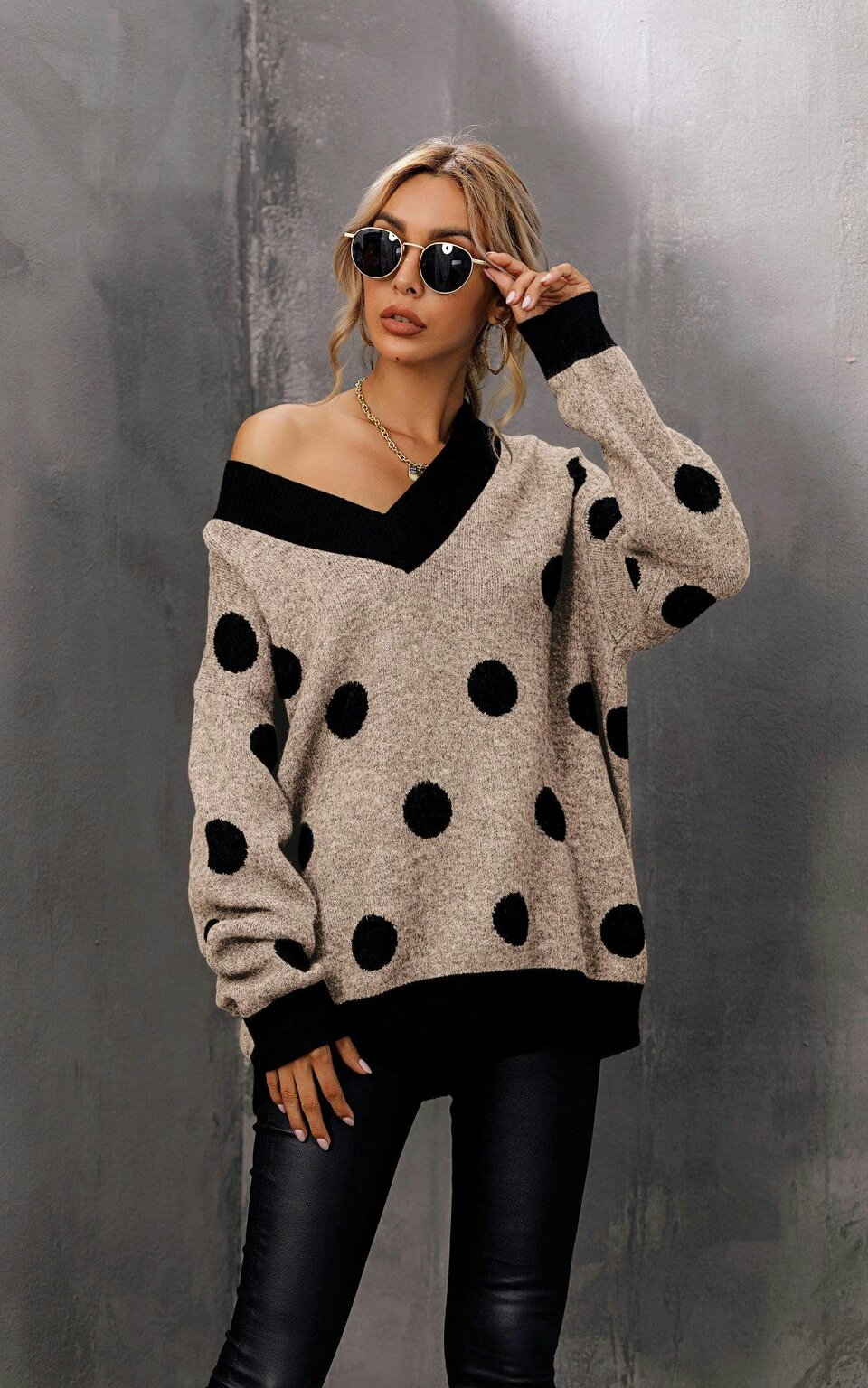 FS Collection Wool Blended V Neck Jumper In Beige & Black Polka Dot Print