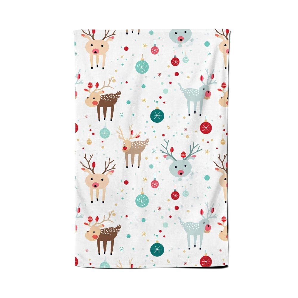 Warren Reed Happy Reindeer With Christmas Lights Tea Towel
