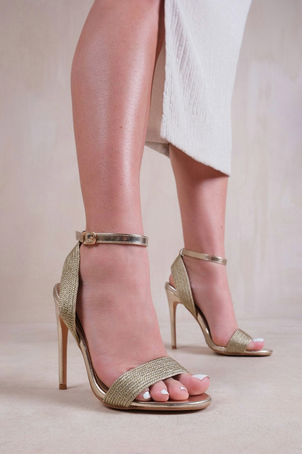 Where's That From Venus High Heels With Threaded Wide Straps in Gold Faux Leather