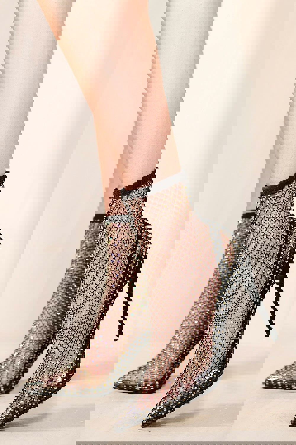 Where's That From Shaniya Pointed High Heel With Ankle Fishnet and Diamante Detail in Black Suede