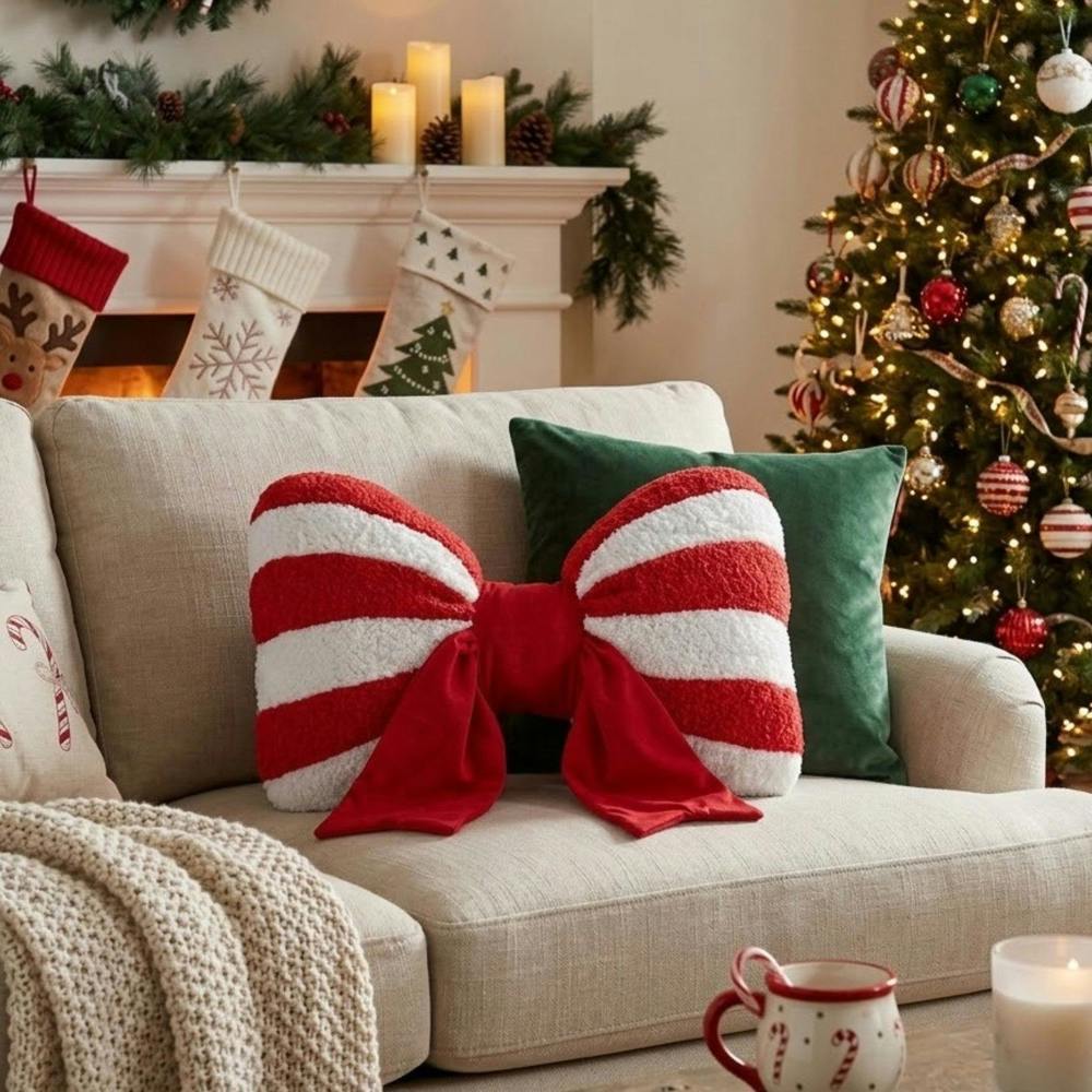 Garden Greatness Noel Candy Cane Bow Christmas Cushion
