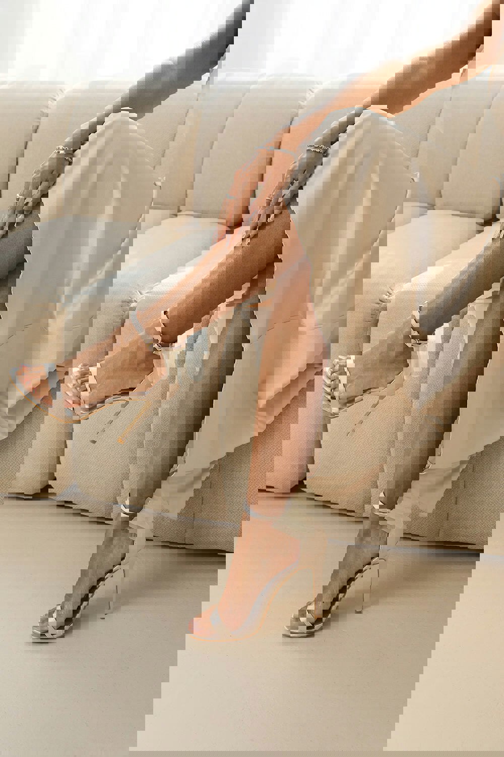 Where's That From Adley High Heels With Mesh Bow Detail at the Back in Champagne Satin