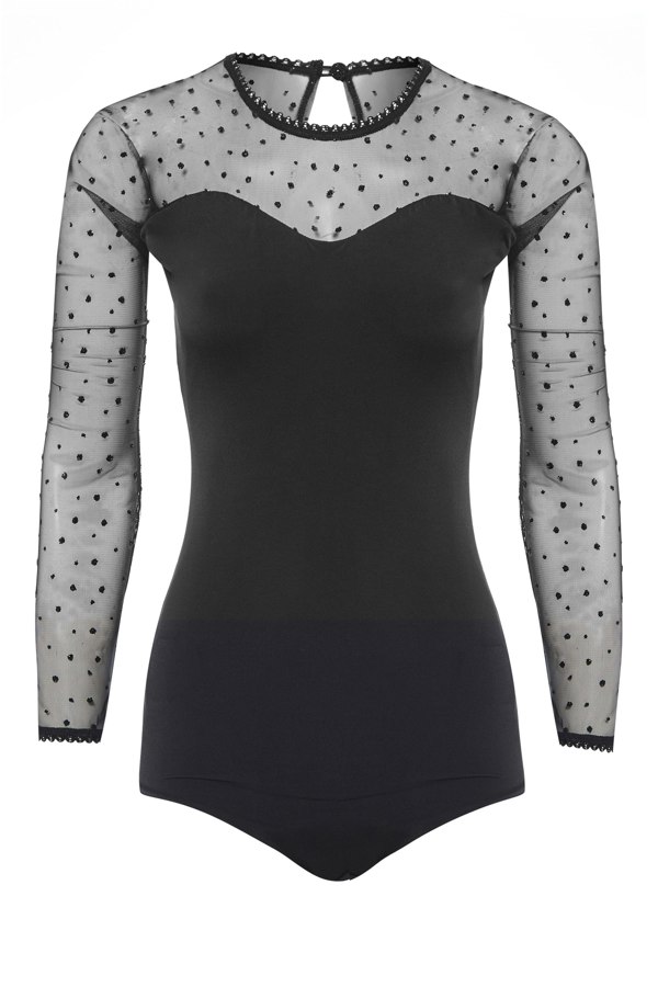 a black Sarvin long - sleeved Long Sleeve Glitter Mesh Bodysuit with polka dots.