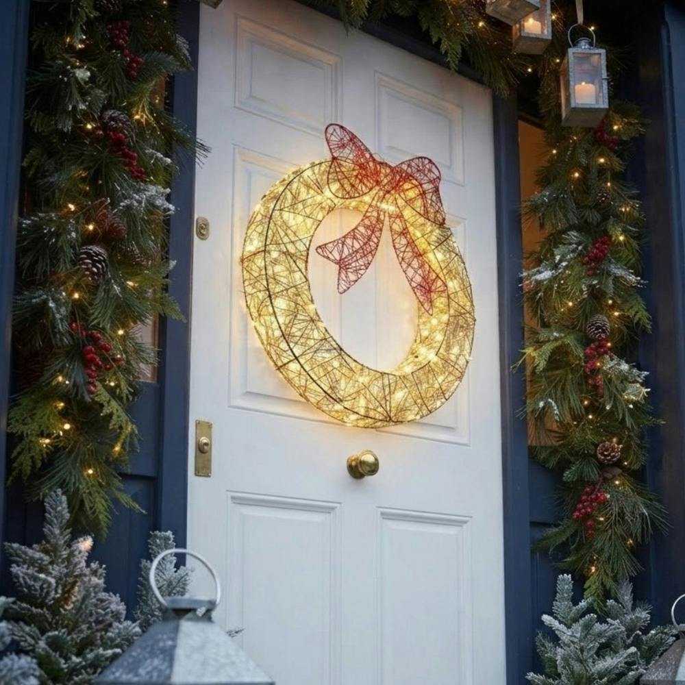 Garden Greatness Large Golden Elegance LED Twist Red Bow Wreath