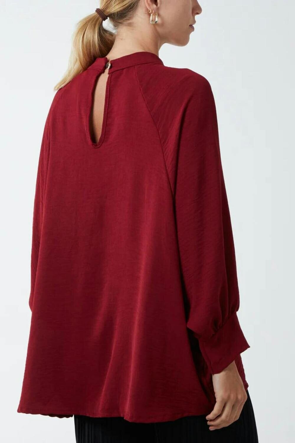 Hoxton Gal Oversized Batwing Long Sleeves Top with High Neck Detail in Burgundy