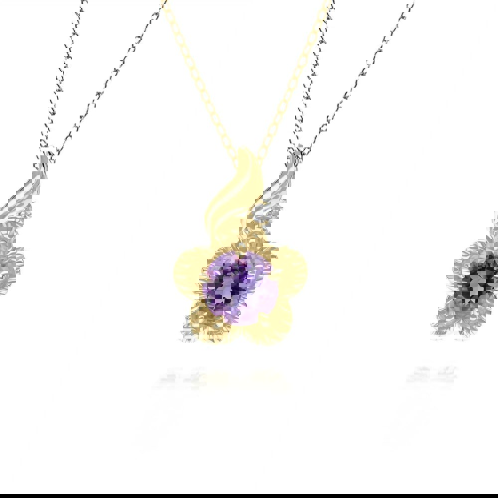 135P2097049 Floral Round Amethyst & Diamond Pendant in 9ct Yellow Gold 1