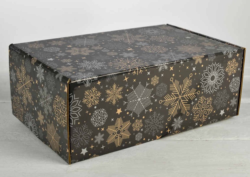 Black and Gold Christmas Gift Box with snow flakes