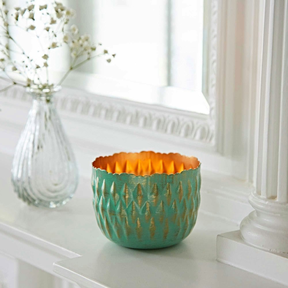 Paper High Turquoise and Gold Metal Tea Light Holder