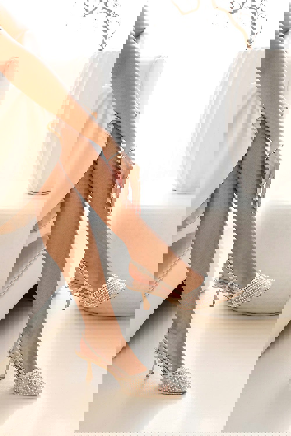 Where's That From Selene Slingback Pointed Toe Heel With Diamante Mesh in Cream Satin