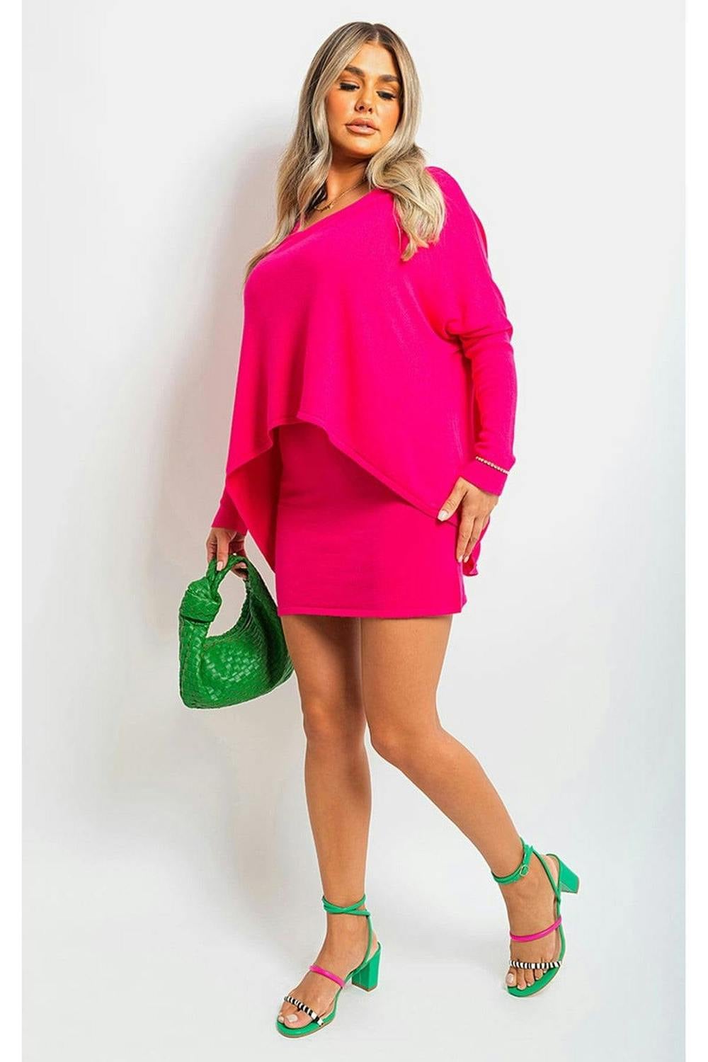 Joanna Oversized Long Sleeve Asymmetric Mini Dress - Fuschia