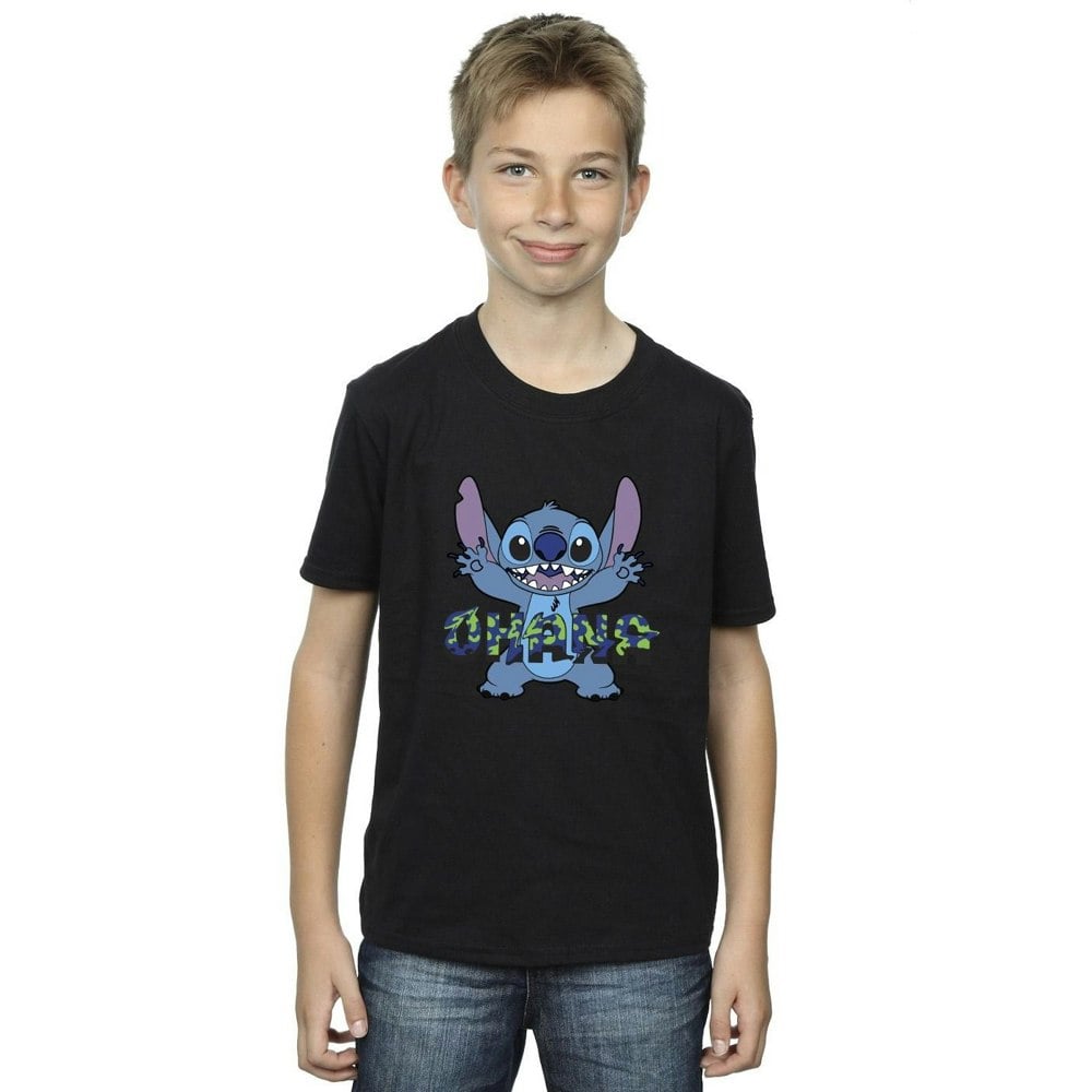 Disney Boys Lilo And Stitch Ohana Blue Glitch T-Shirt - Black
