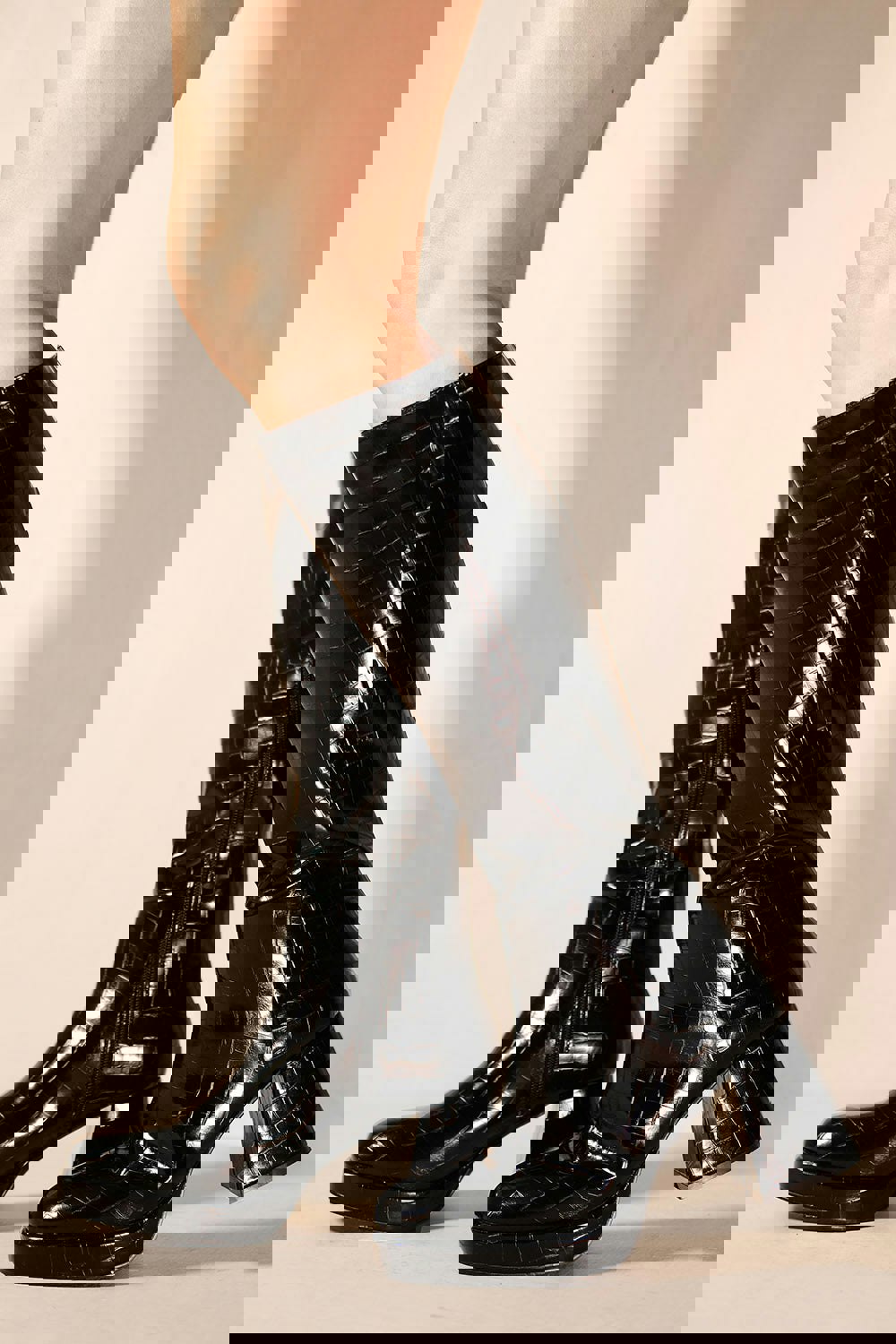 Where's That From Avril Block Heel Calf High Boots With Side Zip in Black Croco Faux Leather