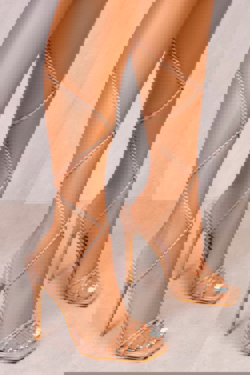 Where's That From Gemma High Heels With a Tie Leg Detail and Toe Post in Caramel Mocha Patent Faux Leather
