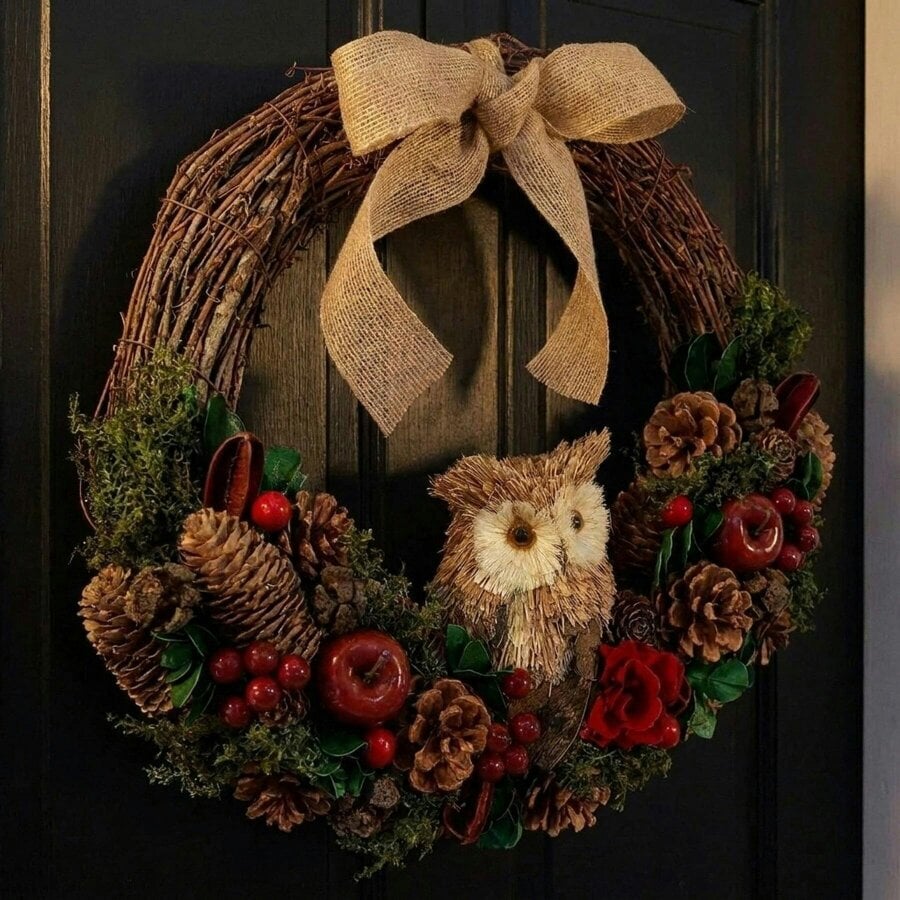 Garden Greatness Festive Owl Half Wreath with Cones and Red Apples