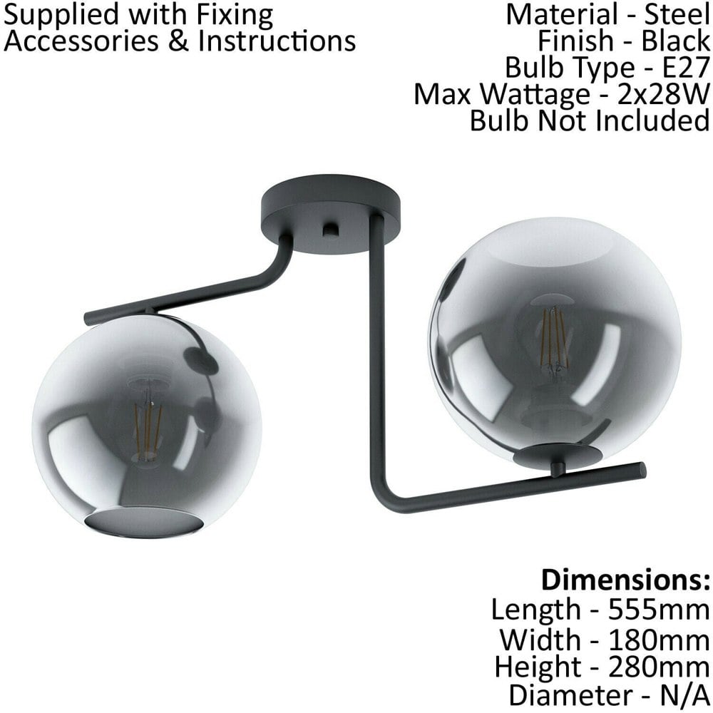 Flush Ceiling Light Black Shade Black Transparent Glass Vaporized Bulb E27 2x28W Loops