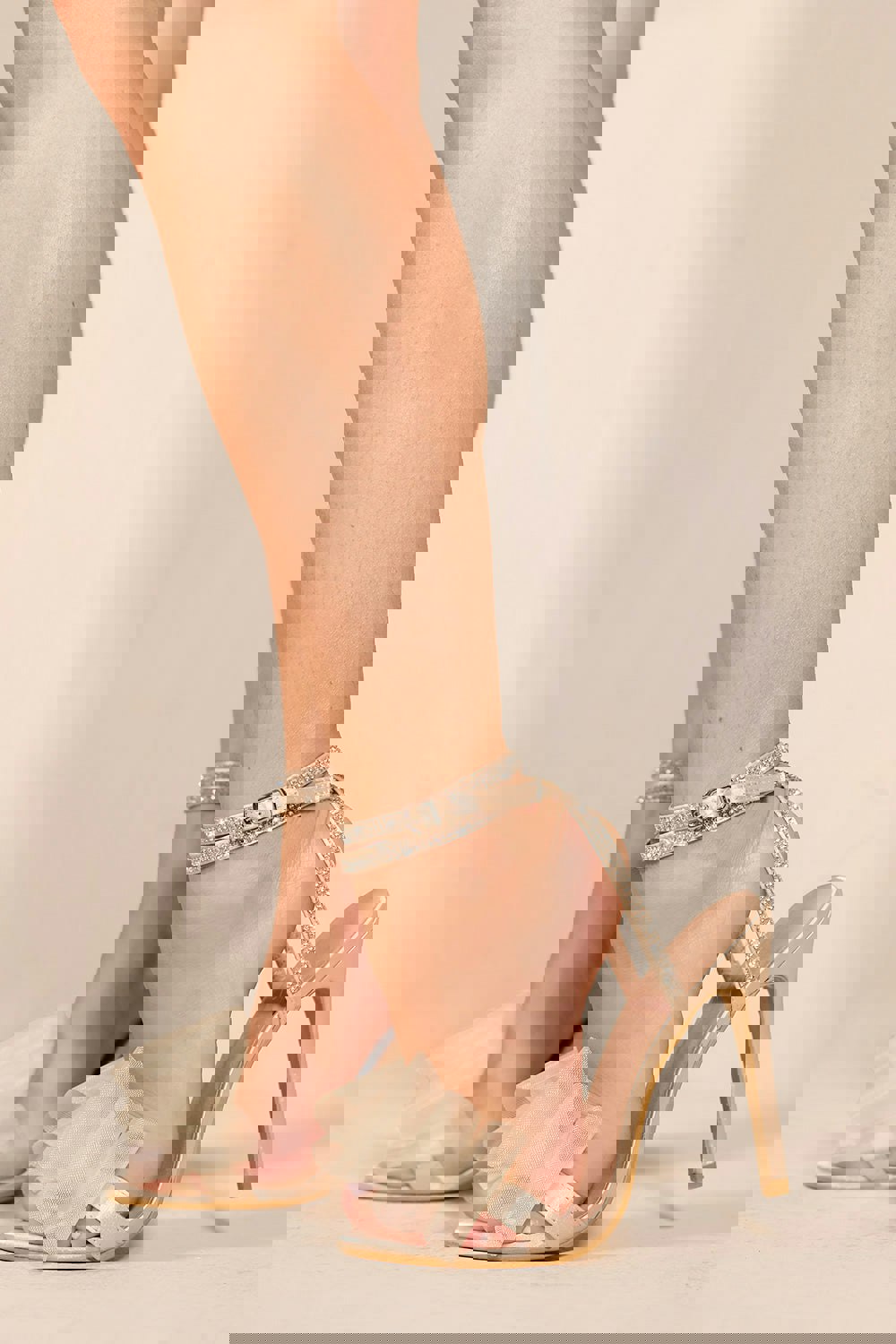 Where's That From Cosette Stiletto High Heel Sandals With Diamante Detail & Mesh Bow in Champagne Gold