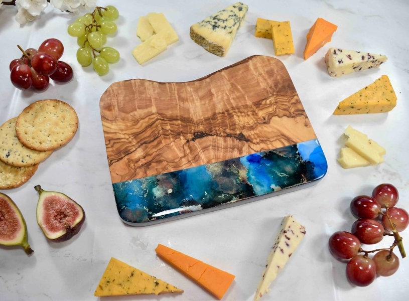 Blue Gold Cheese Board Olive Wood - 5th Wedding Anniversary Gift Ideas