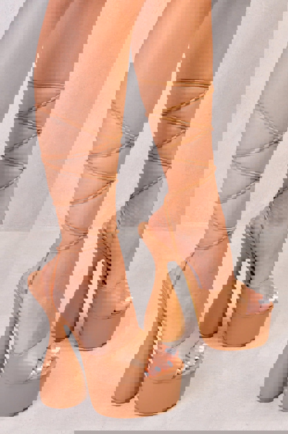 Where's That From Nora Flared High Heels With a Leg Tie in Caramel Mocha Faux Leather