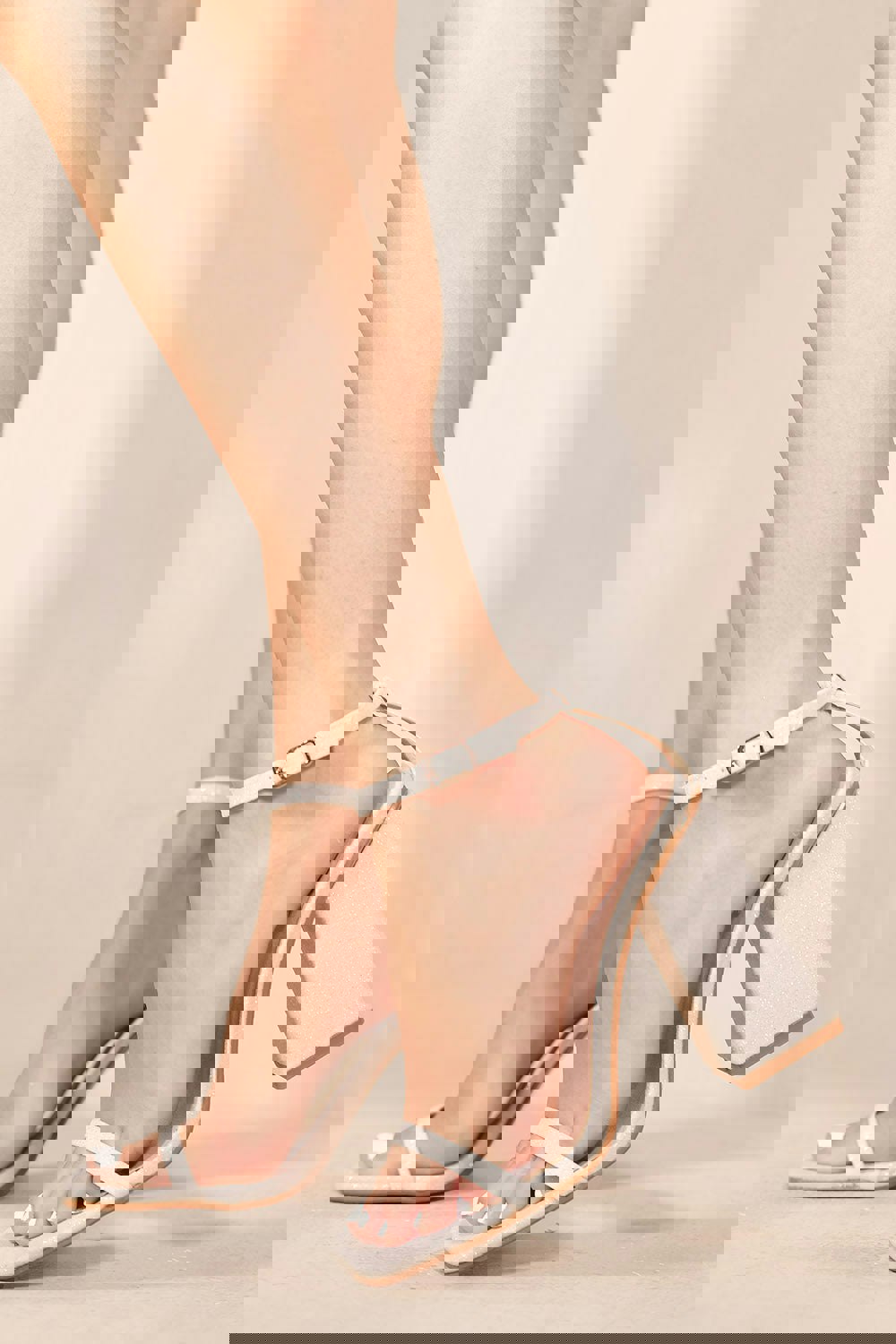Where's That From Fallon Square Toe High Block Heel Sandals With Ankle Strap in White Fine Glitter