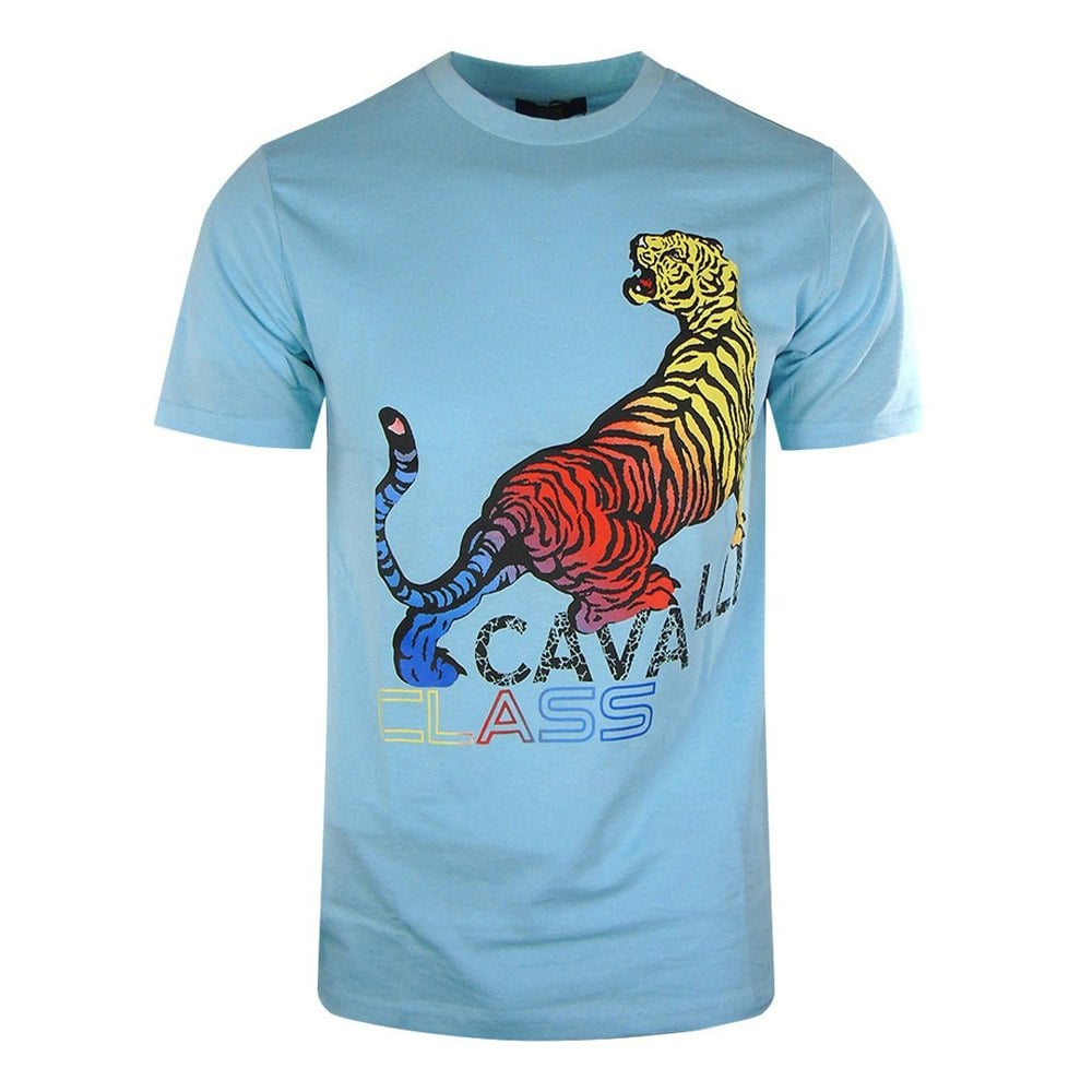 Cavalli Class Bold Tiger Design Light Blue T Shirt L