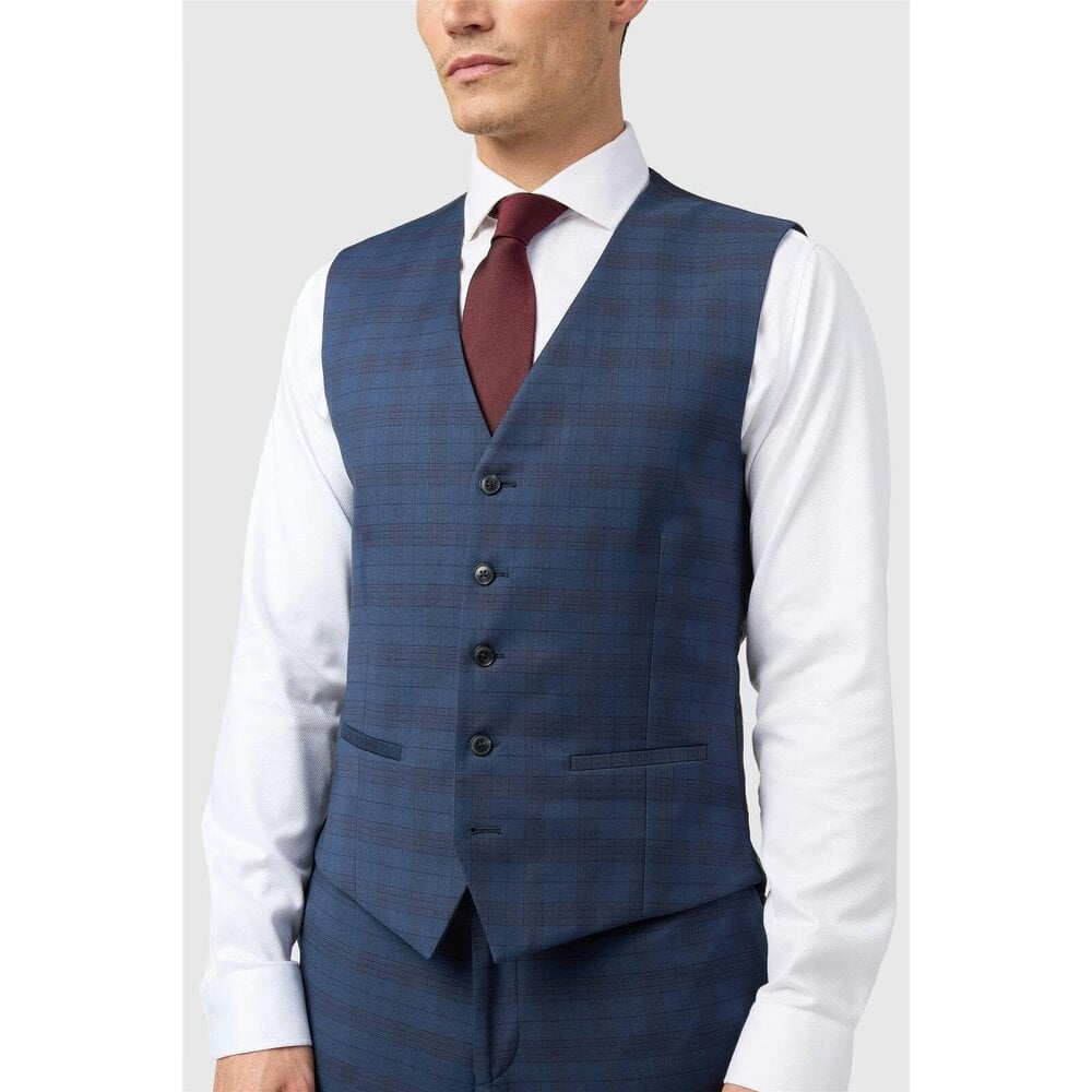 Ted Baker Slim Fit Navy Caramel Check Waistcoat