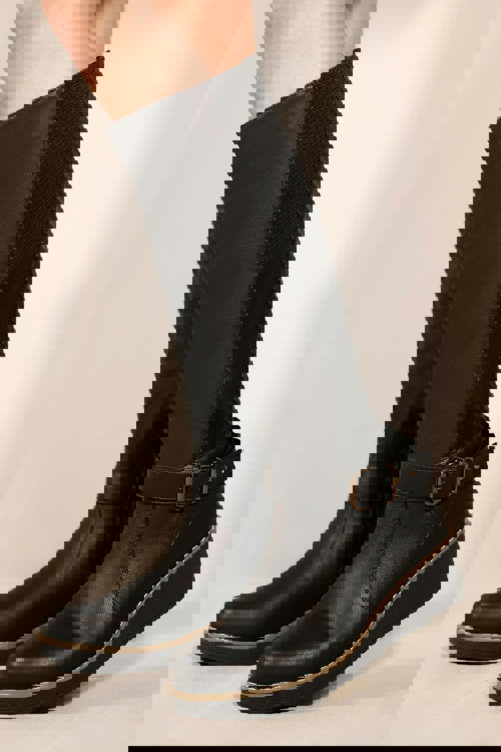 Where's That From Ayleen Wedge Heel Knee High Boots With Elastic Panel in Black Faux Leather