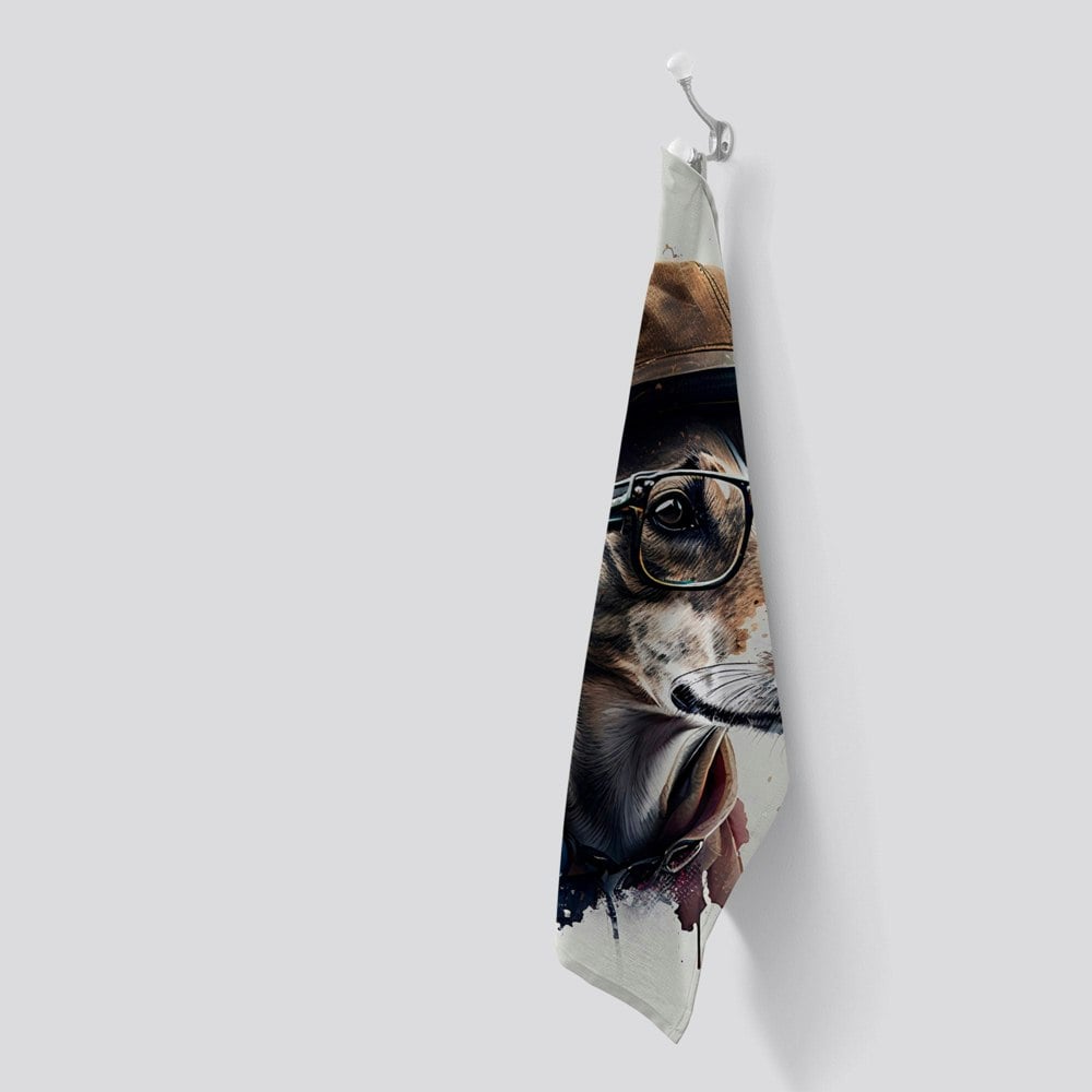 Warren Reed Whippet Dog With Glasses Splashart Tea Towel