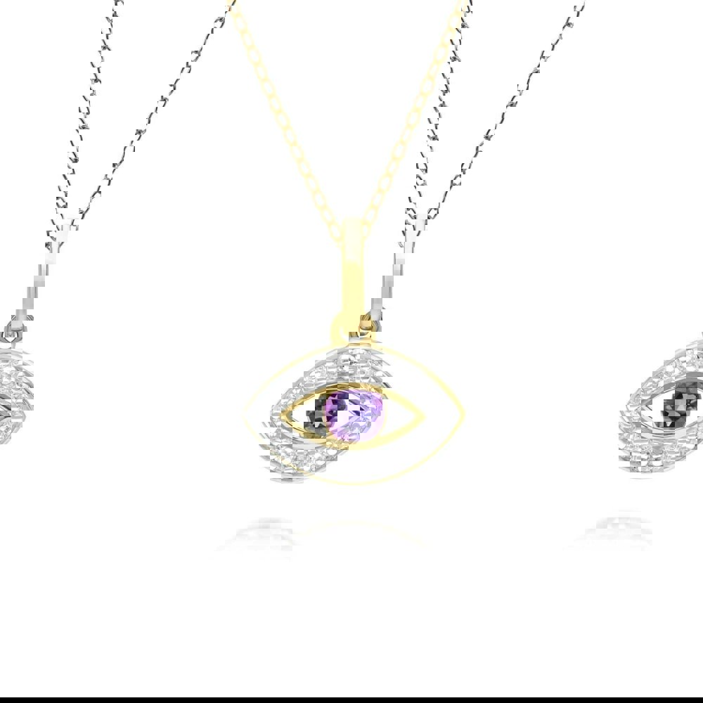 135P2101029 ECFEW™ Dainty Evil Eye Amethyst & Diamond Pendant in 9ct Yellow Gold Front