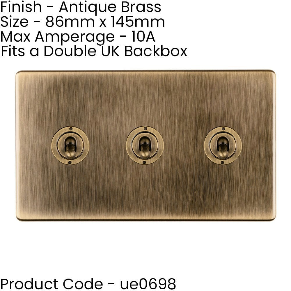 5 PACK 3 Gang Triple Retro Toggle Light Switch SCREWLESS ANTIQUE BRASS 10A 2 Way