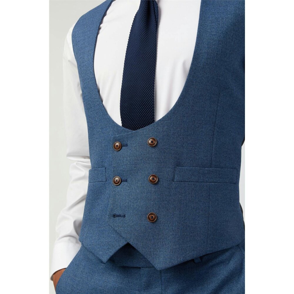 Antique Rogue Blue Textured Double Breasted Stretch Waistcoat