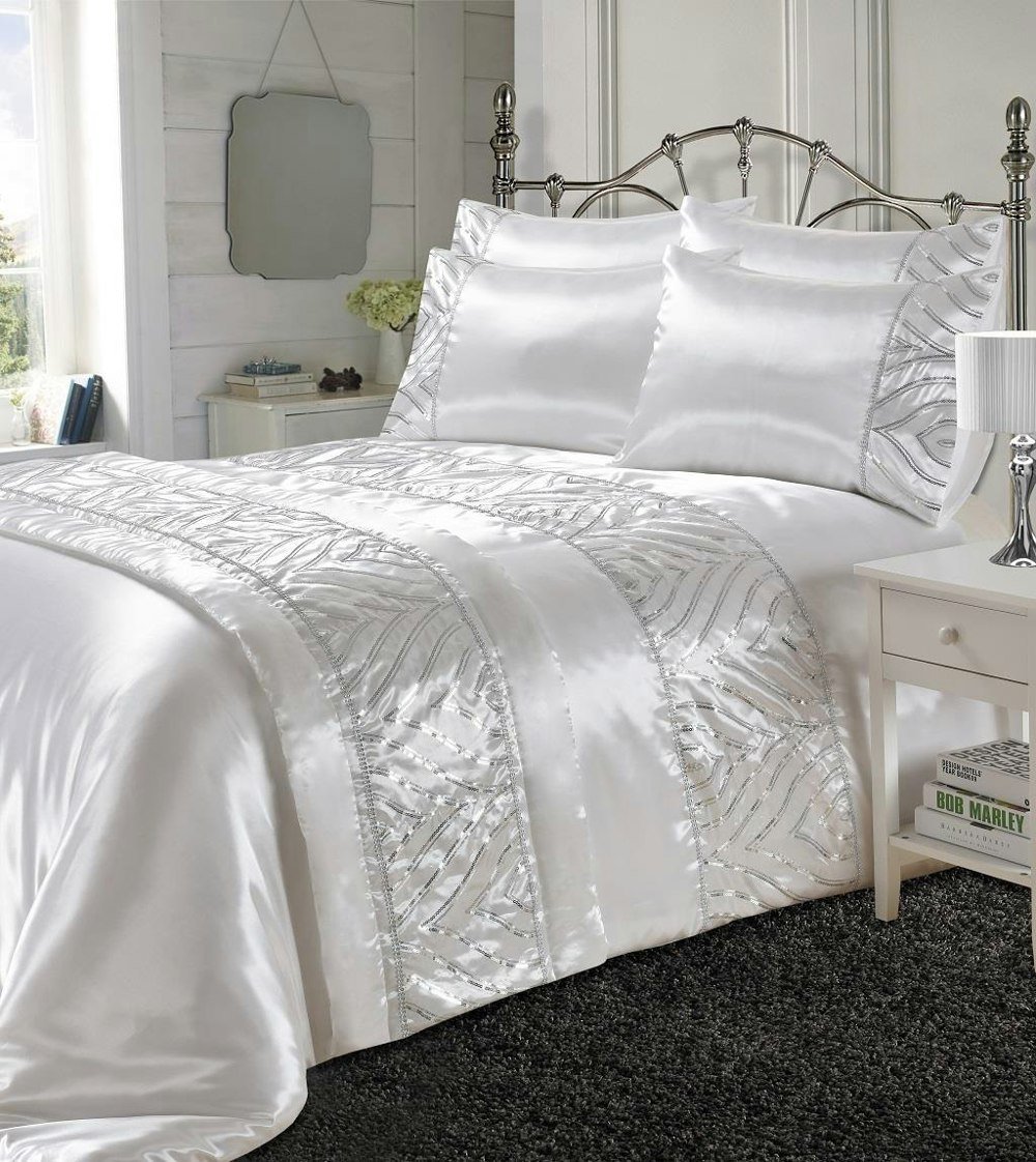 HomeSpace Direct Shimmer Duvet Cover Set Sequin Embellished Bedding White