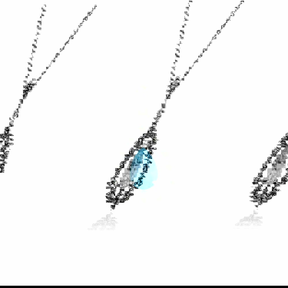 214P284901925 Art Nouveau Style Pear Blue Topaz & Marcasite Pendant in 925 Sterling Silver 1