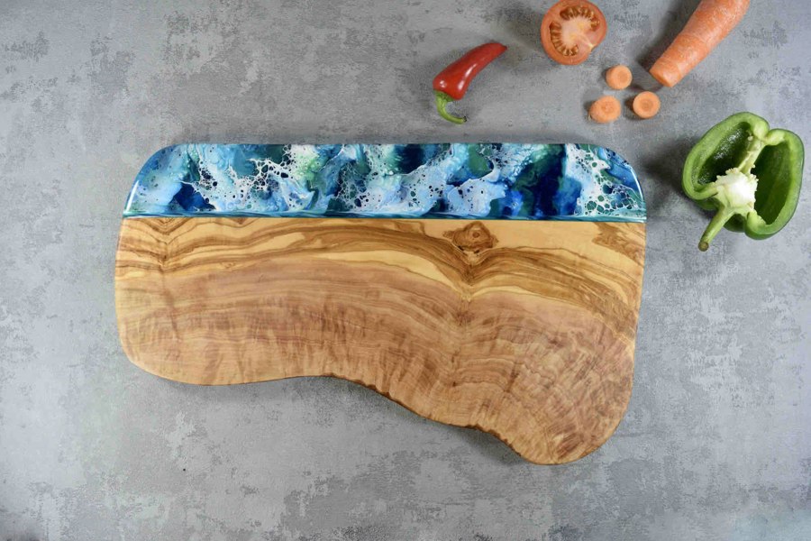 Large Rustic Olive Wood Board with Ocean Blue Resin Art 40cm 