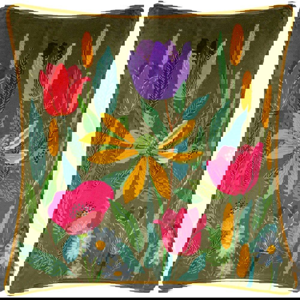 Wylder House Of Bloom Celandine Piped Cushion Cover - Olive