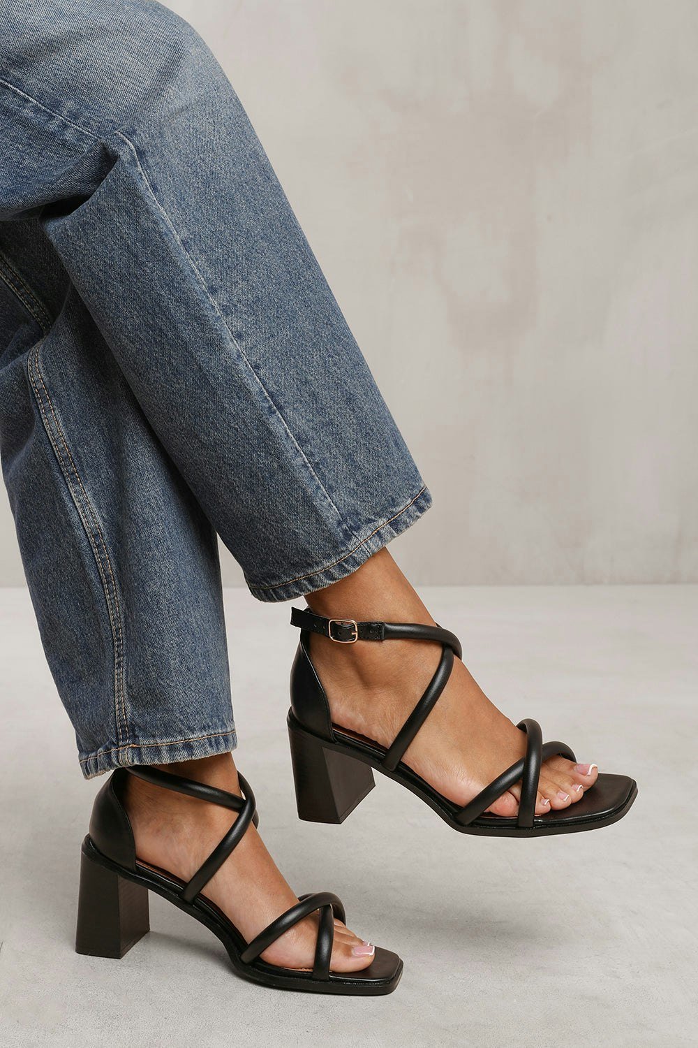 Where's That From Tori Cross Over Multi Strap Heels in Black Faux Leather