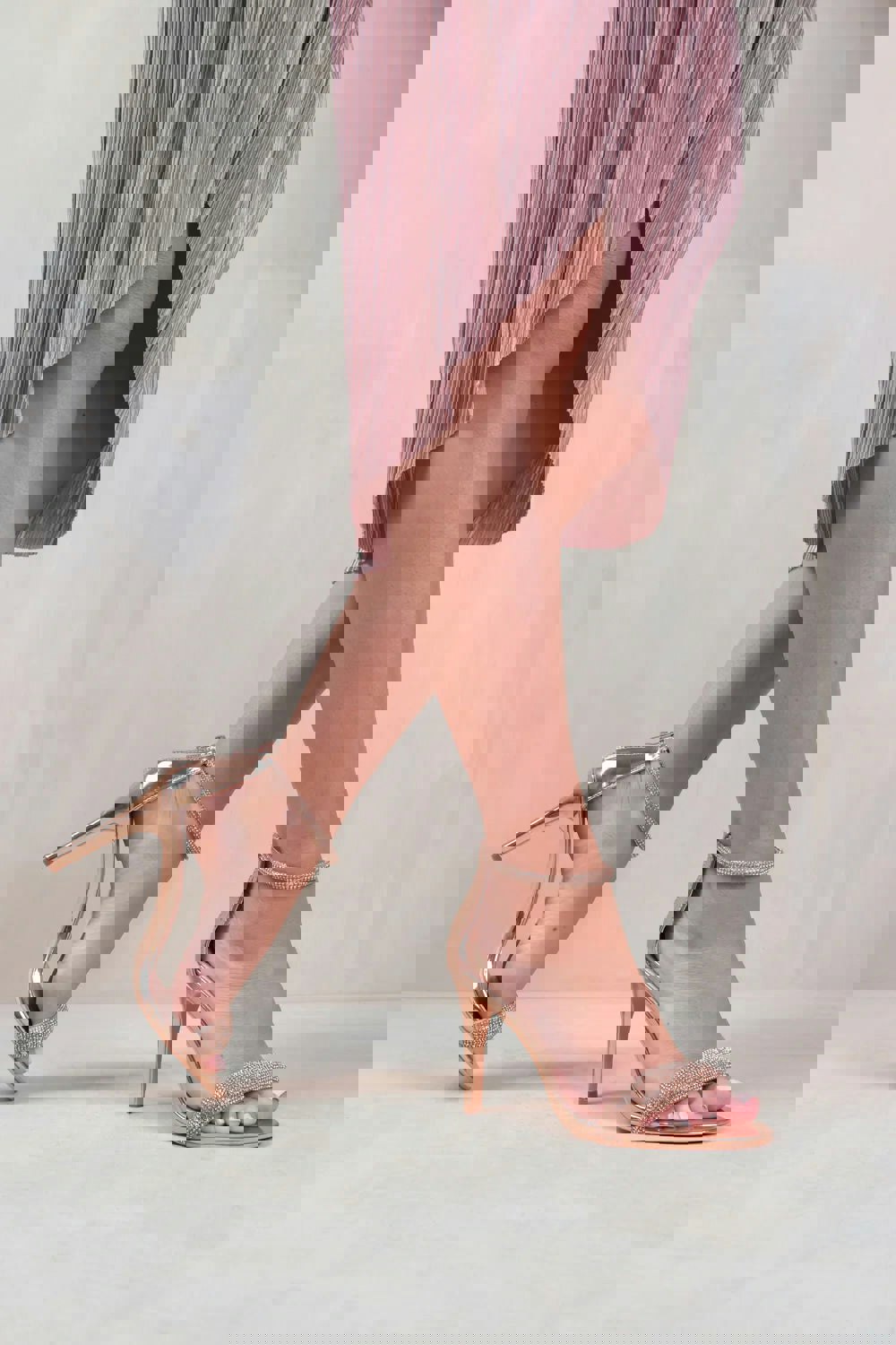 Where's That From Sabra Wide Fit High Heel Sandals With Diamante Ankle Strap In Rose Gold Faux Leather