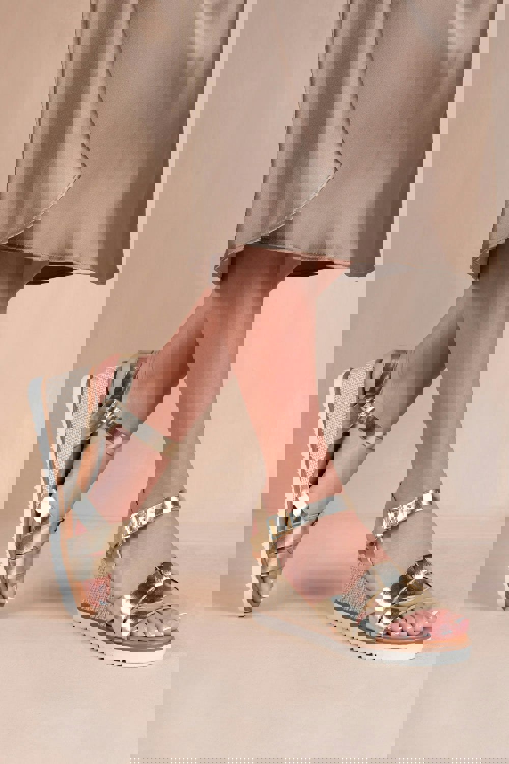 Where's That From Sydney Wedge Shoes With Front Strap Detail in Gold Metallic Pu