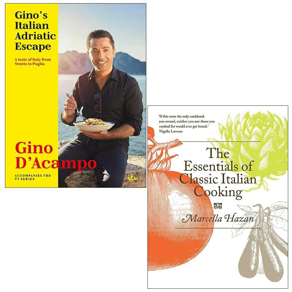 Gino's Italian Adriatic Escape & The Essentials of Classic Italian Cooking By Marcella Hazan 2 Books