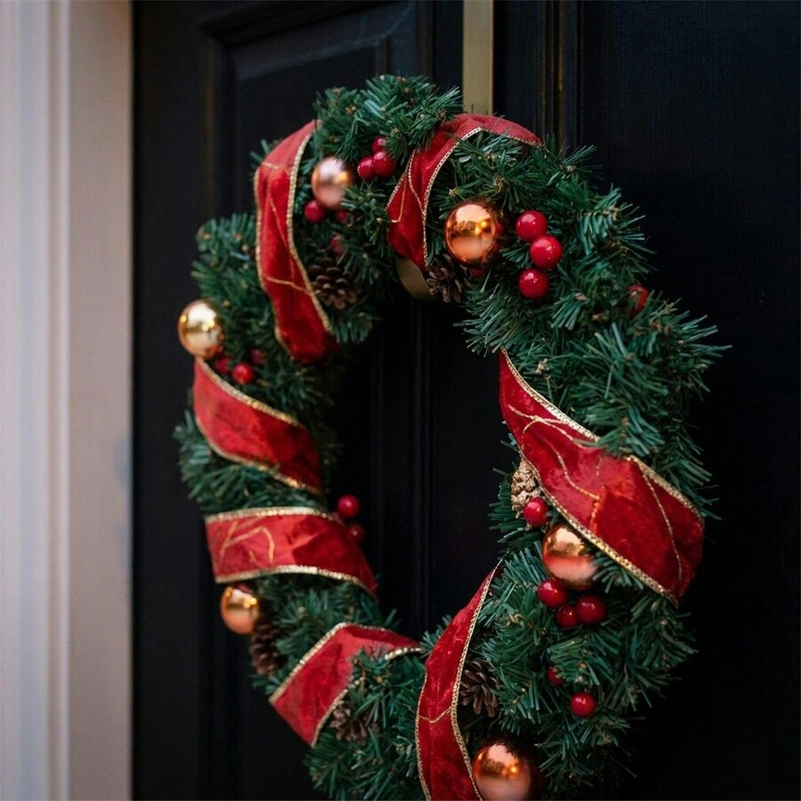 Garden Greatness Red Ribbon Pre-Lit Christmas Wreath