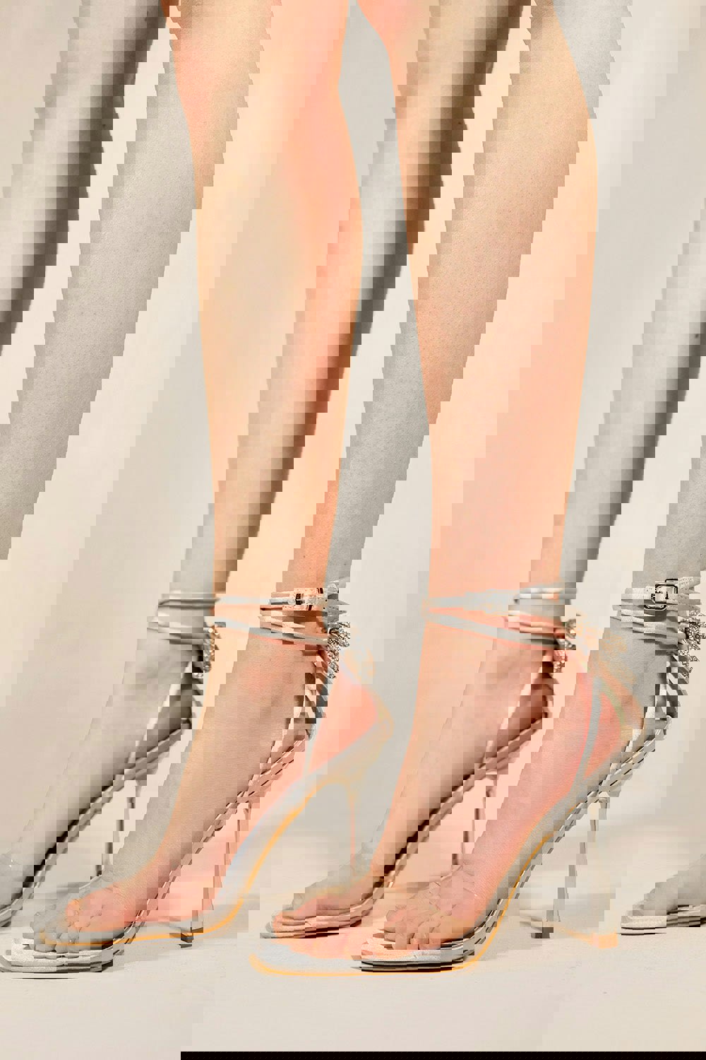 Where's That From Bertha Perspex High Heel Sandals With Diamante Bow in Moon Silver Silk