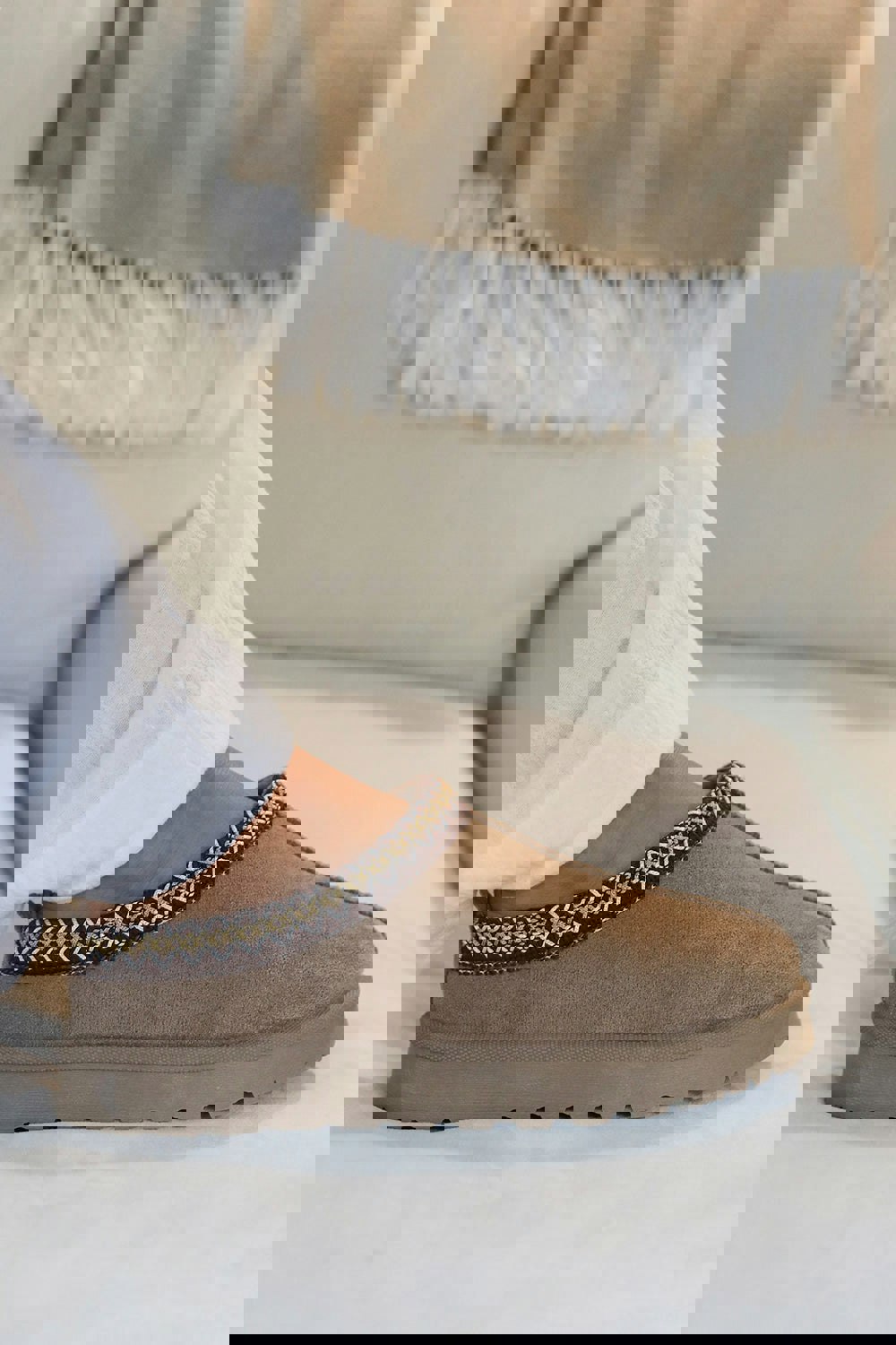 Where's That From Pine Aztec Detail Faux Fur Lining Mini Boots in Camel Suede