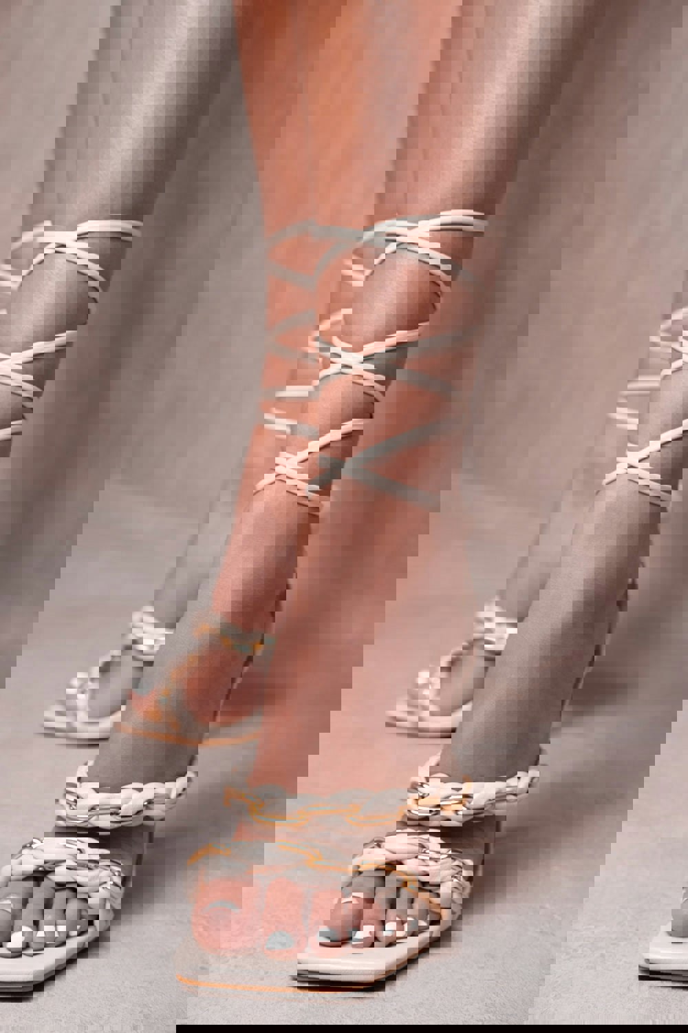 Where's That From Ayla Multi Chain Square Toe Lace Up Heel in Ivory Cream Faux Leather