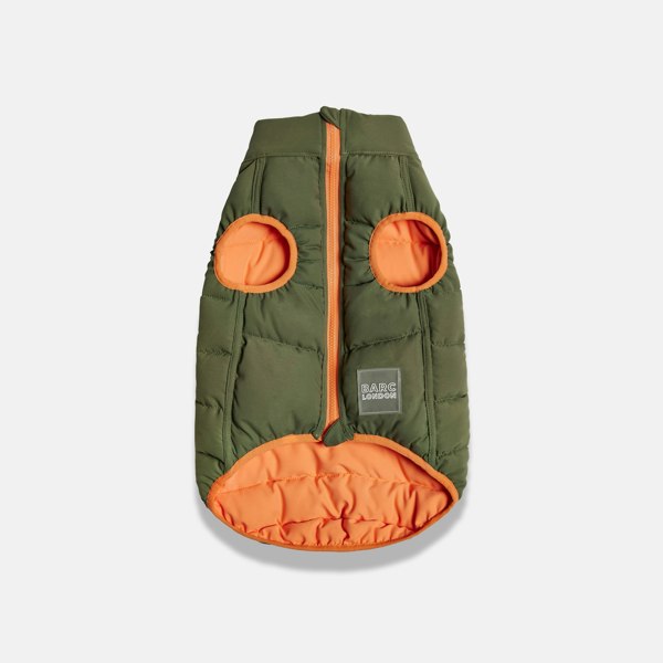 Reversible Puffer by Barc London, Khaki and Coral, with zip fastening