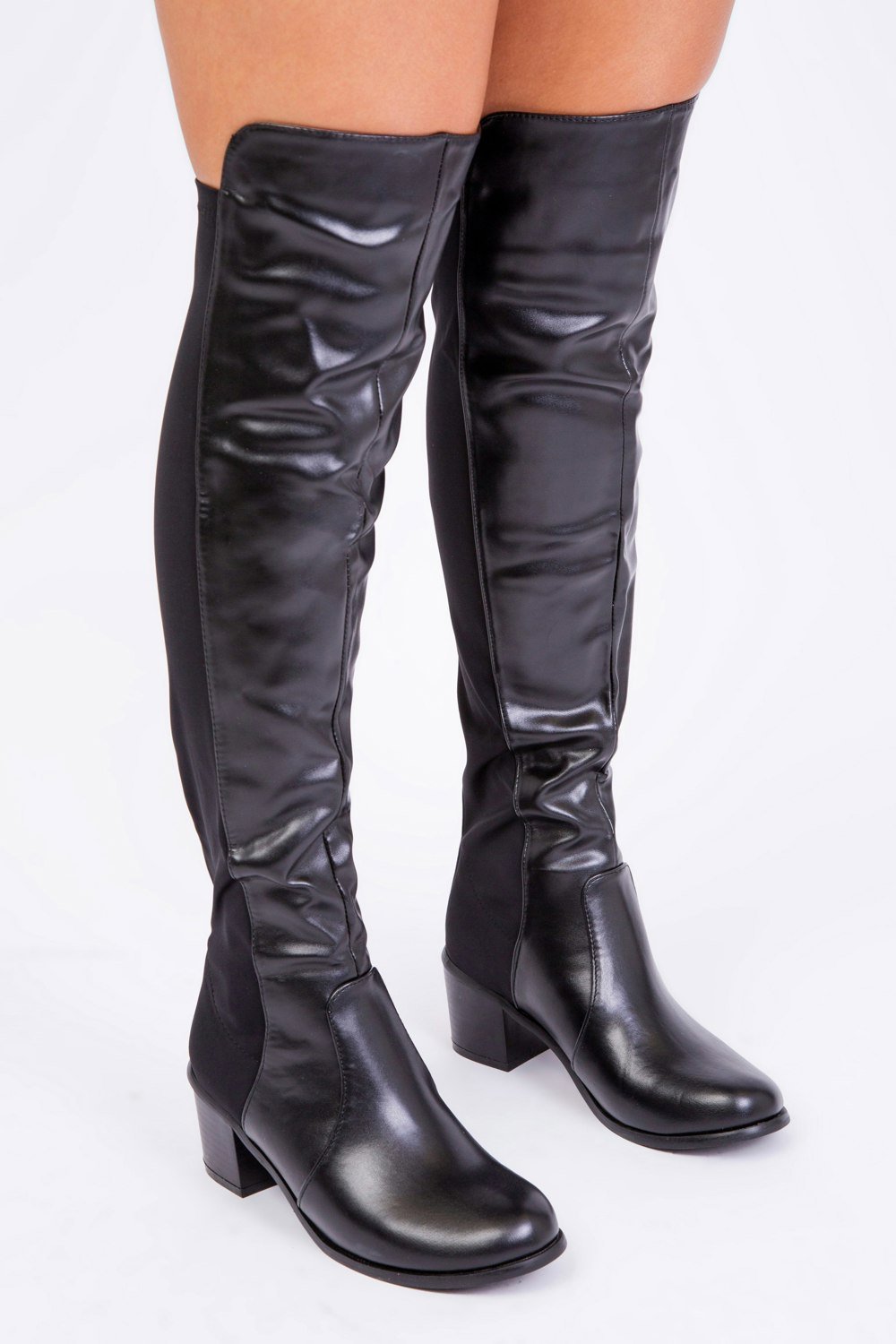 Where's That From Britta Thigh High Mid Heeled Boots in Black Faux Leather