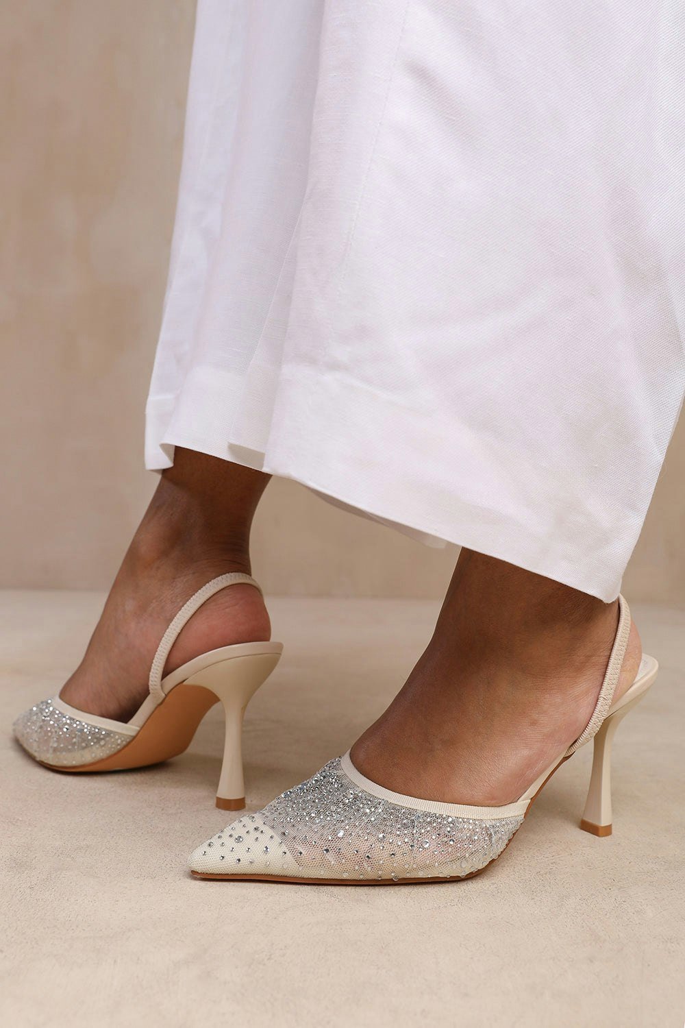 Where's That From California Wide Fit Diamante Mesh Pointed Toe Sling Back Heel in Beige