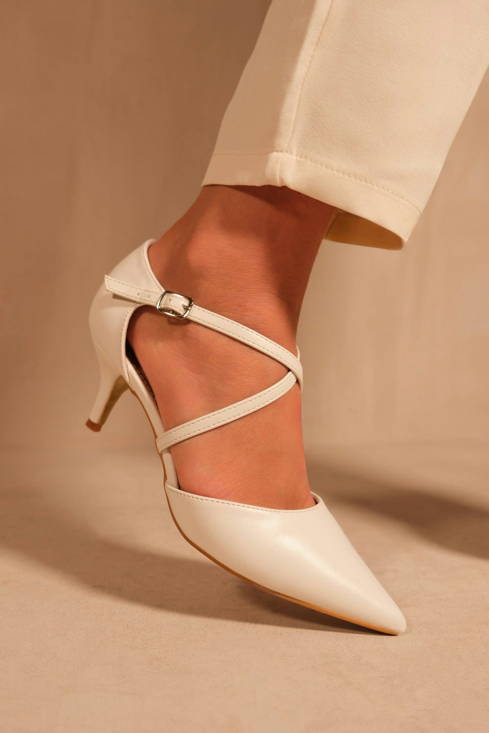 Where's That From Kennedi Low Kitten Heel With Crossover Strap in White Faux Leather