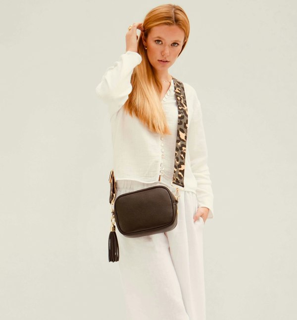 Apatchy London The Tassel Black Leather Crossbody Bag with Grey Leopard Strap