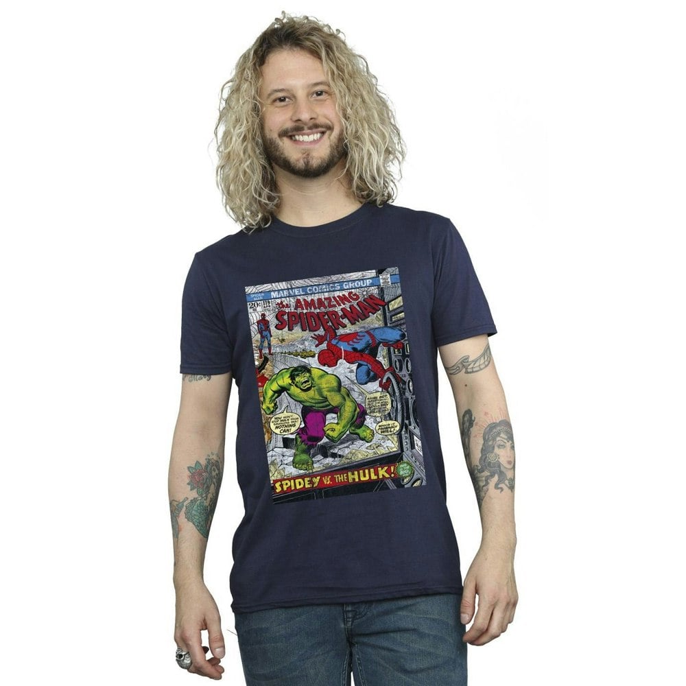 Marvel Mens Spider-Man VS Hulk Cover T-Shirt - Navy Blue